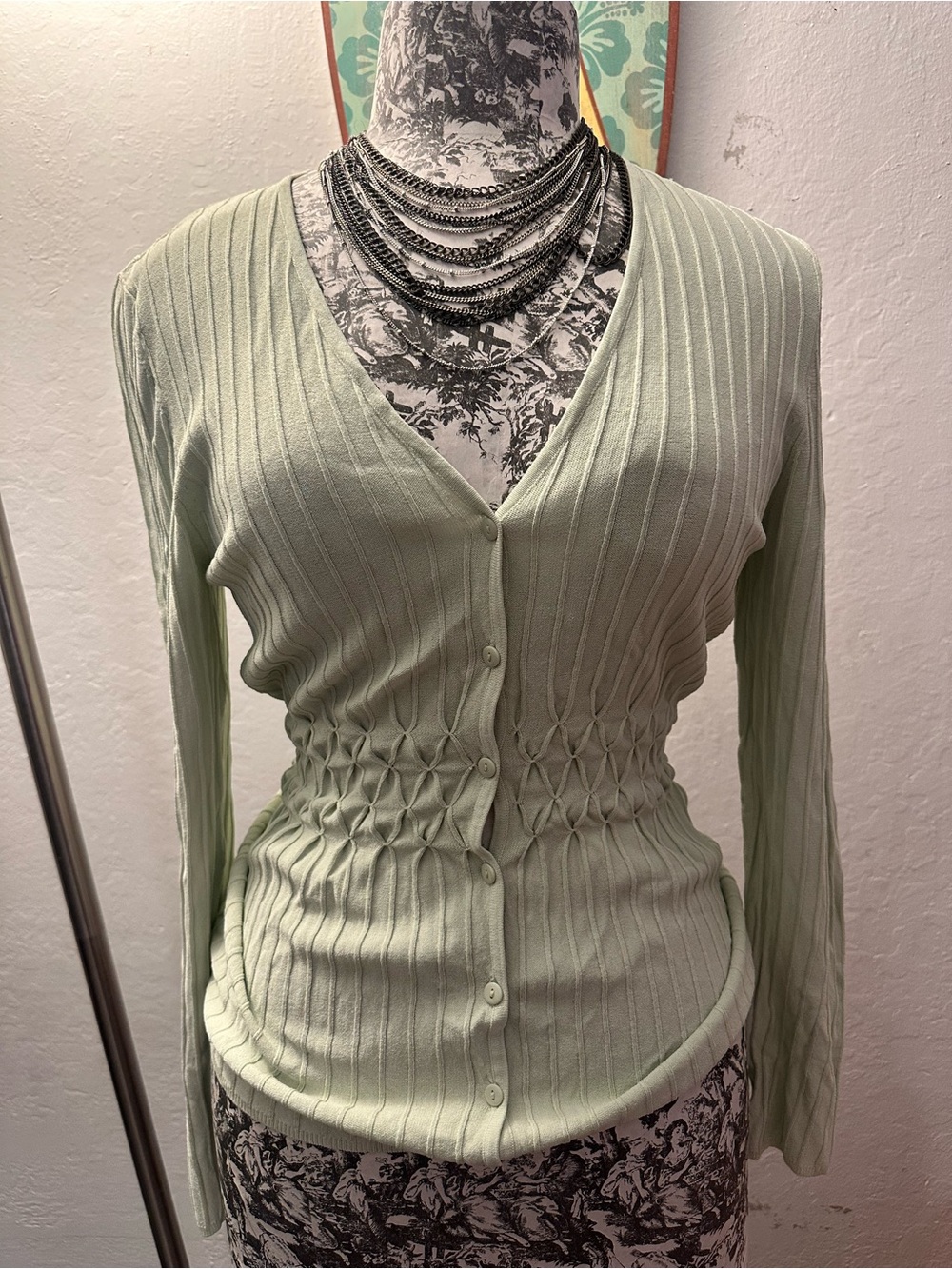 Max Studio Light Sage Ribbed V-Neck Button Cardigan